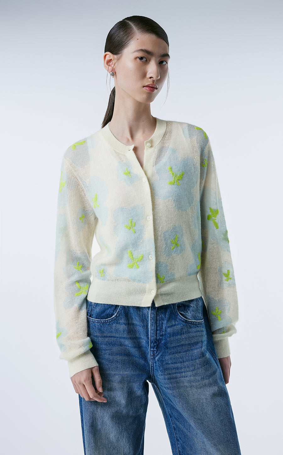 Sweater / JNBY Slim-fit Floral Prints Cropped Cardigan