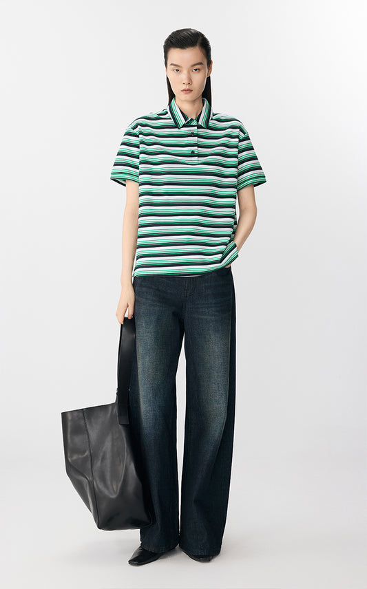 T-Shirt / JNBY Striped Cotton Relaxed Polo Tee