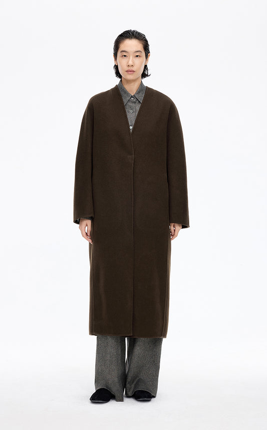 Coat / JNBY Collarless Longline Wool Double-Face Coat
