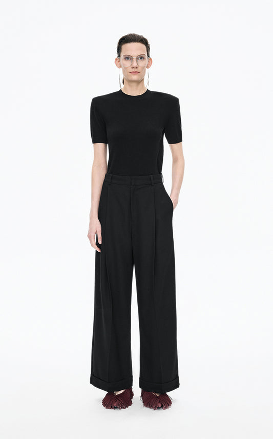 Pants / JNBY Wool Jacquard Cuffed Wide-Leg Pants