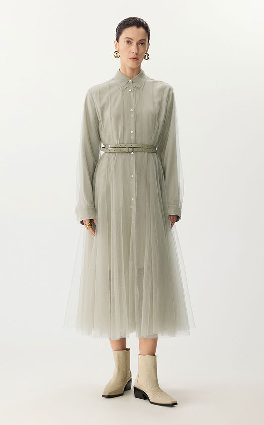 Dress / JNBY A-Line Mesh Long-Sleeve Dress-2-in-1 Design