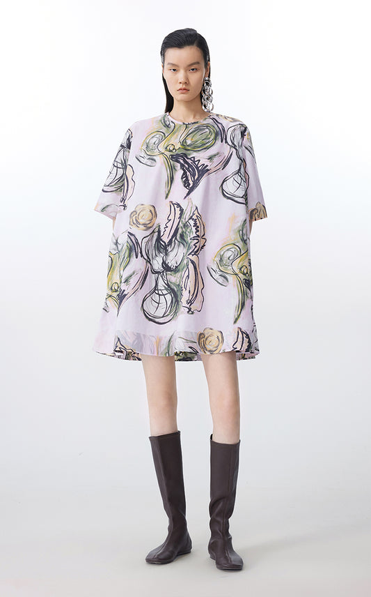 Dress / JNBY Hand-Painted Floral A-Line Cotton Dress
