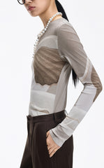 T-Shirt / JNBY Abstract Print Stretch Mesh Slim Fit Top