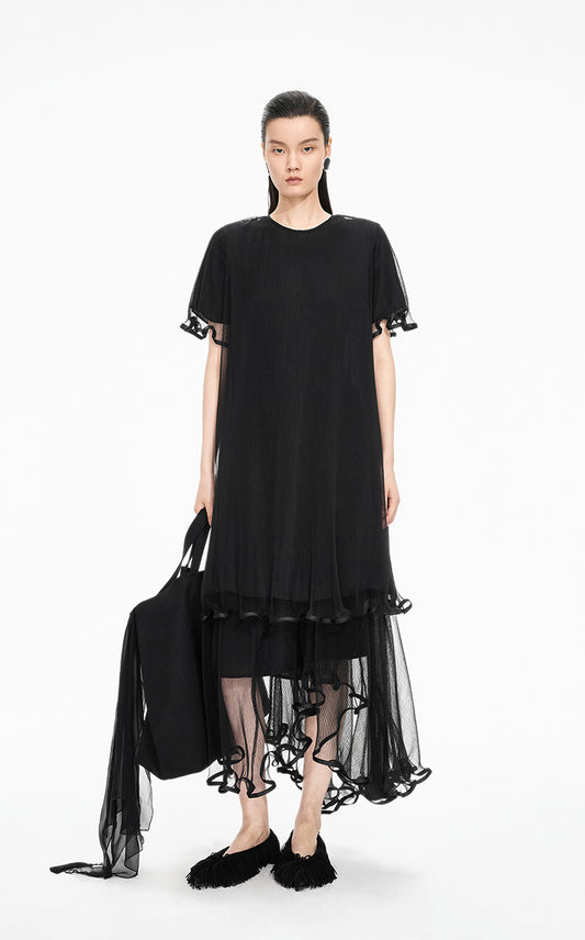 Dress / JNBY Pleated Mesh A-Line Short Sleeve Dress