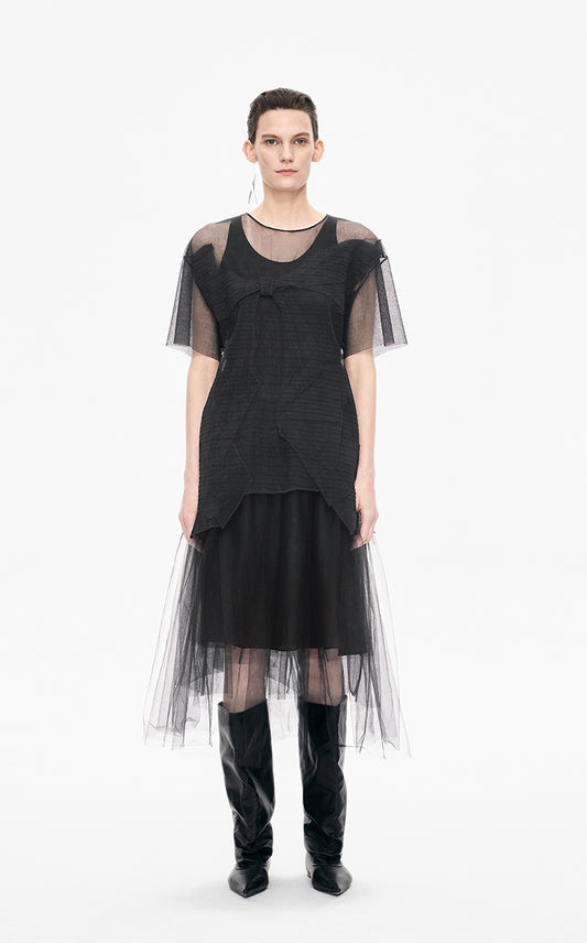 T-Shirt / JNBY Pleated Bow Mesh Detail Relaxed Tee