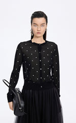 Sweater / JNBY Polka Dot Cropped Cotton Blend Cardigan