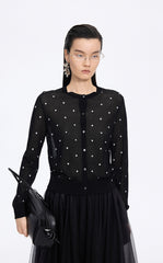 Sweater / JNBY Polka Dot Cropped Cotton Blend Cardigan