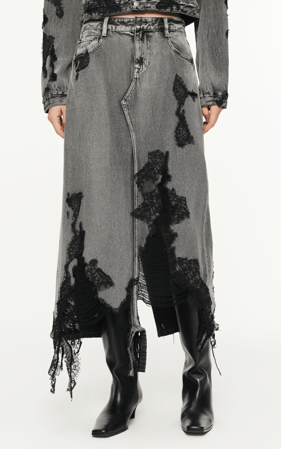 Skirt / JNBY Lace Patchwork Frayed Denim Long Skirt