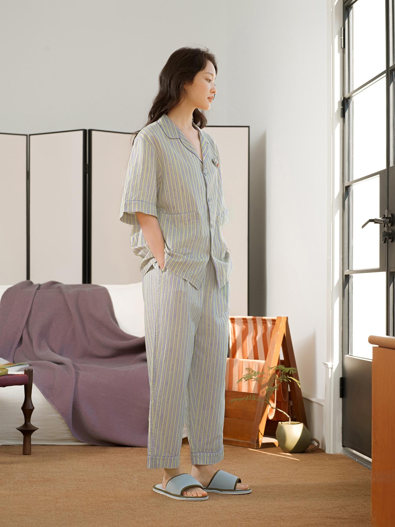 Shirt / JNBYHOME Loose Fit Striped Linen-Cotton Blended Shirt