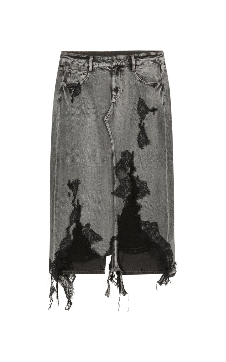 Skirt / JNBY Lace Patchwork Frayed Denim Long Skirt