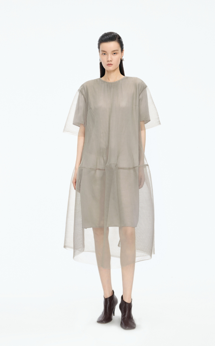 Dress / JNBY Pleated Mesh A-Line Short Sleeve Dress