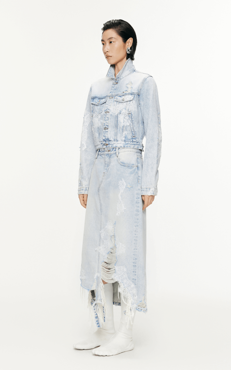 Skirt / JNBY Lace Patchwork Frayed Denim Long Skirt