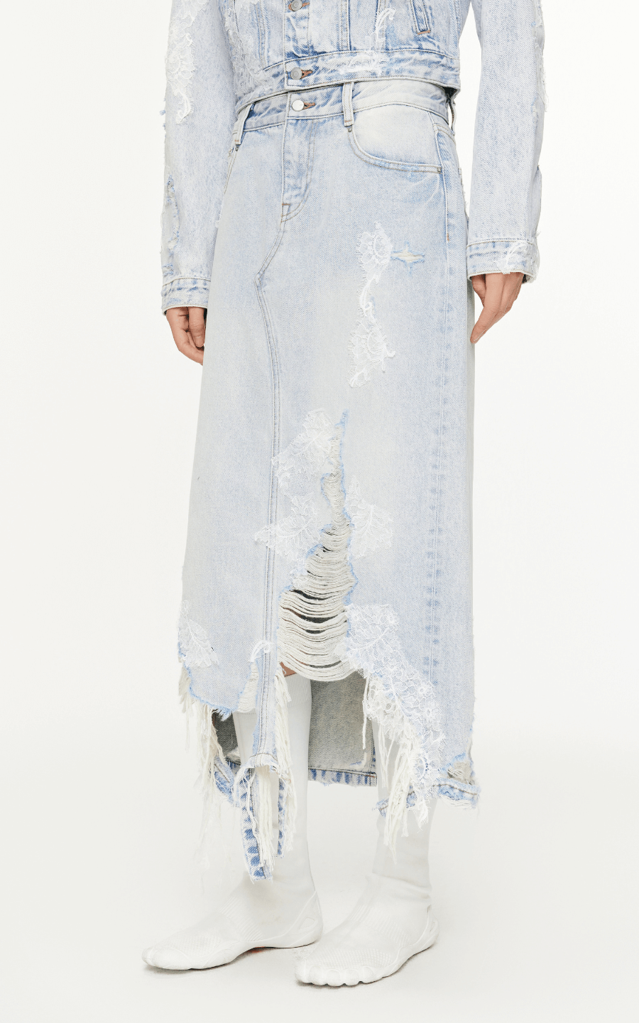 Skirt / JNBY Lace Patchwork Frayed Denim Long Skirt