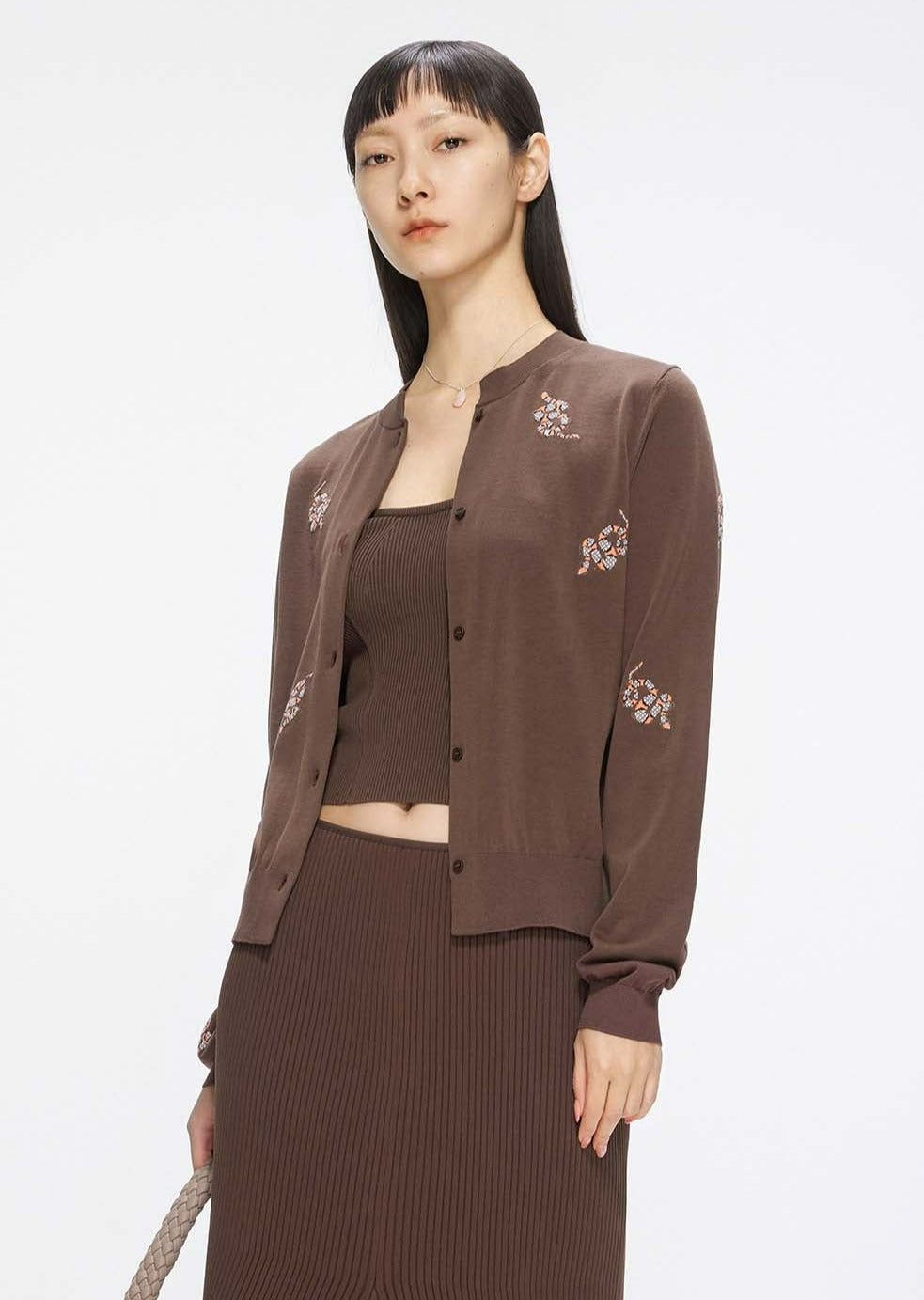 Cardigans / JNBY Classic Jacquard Long Sleeve Cropped Cardigan