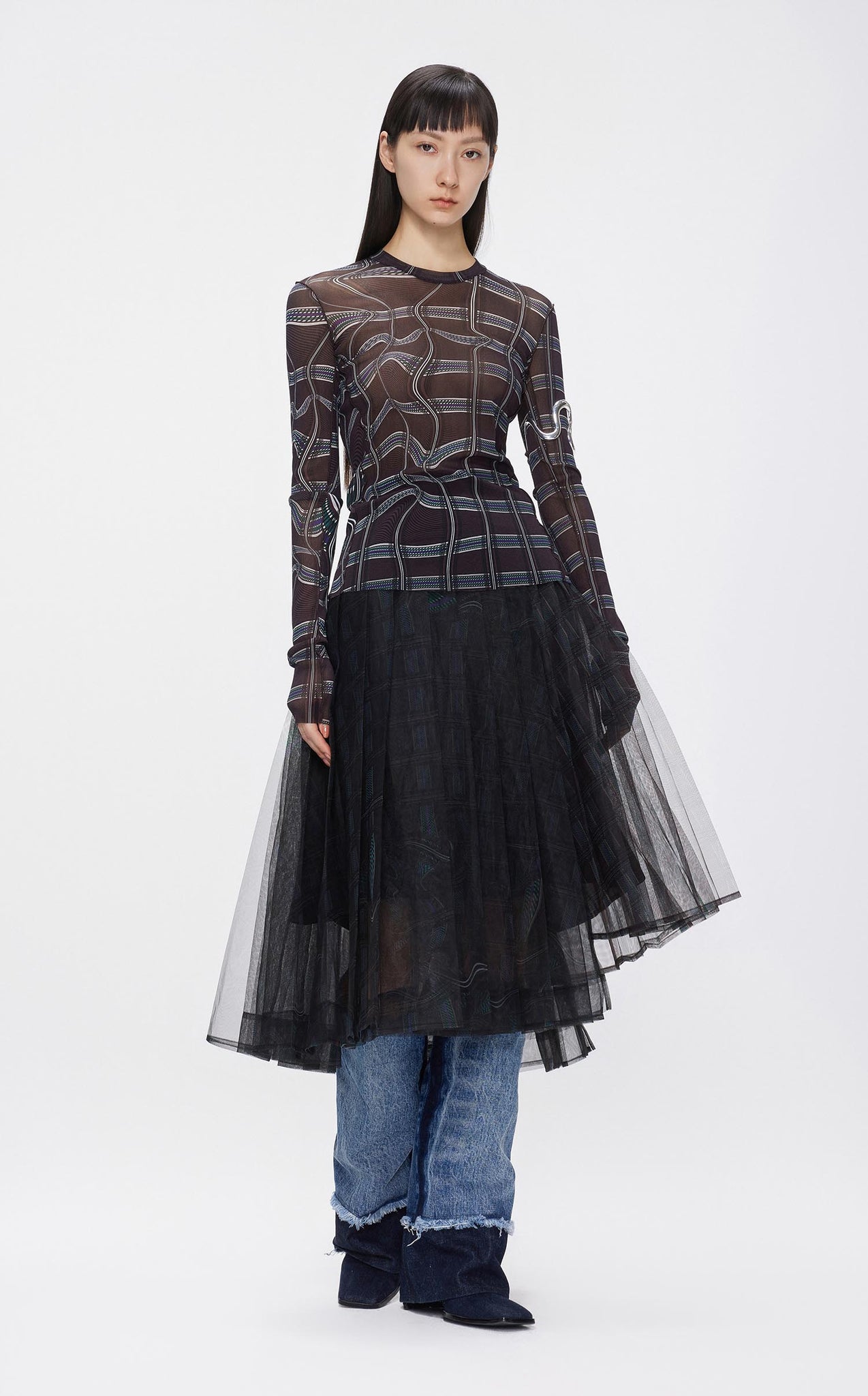Skirts / JNBY Asymmetric Full Print Mesh Skirt