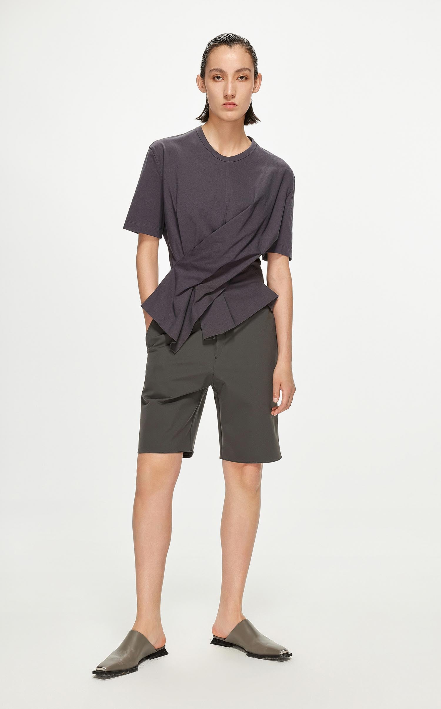 T-Shirt / JNBY Asymmetric Pleated Hem Short Sleeve T-Shirt (100% Cotton)