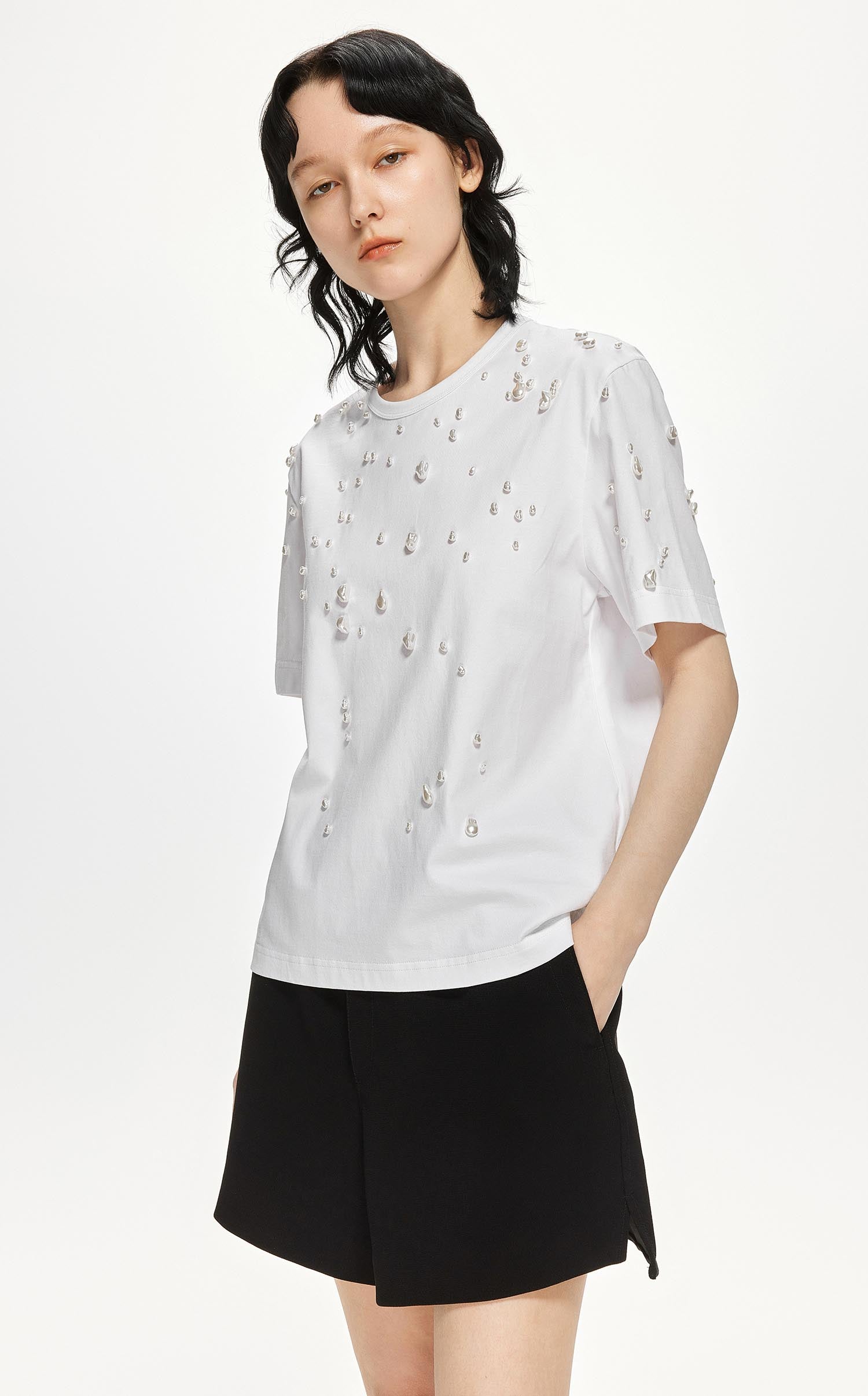 T-Shirt / JNBY Beaded Short Sleeve Round Neck T-Shirt (100% Cotton)