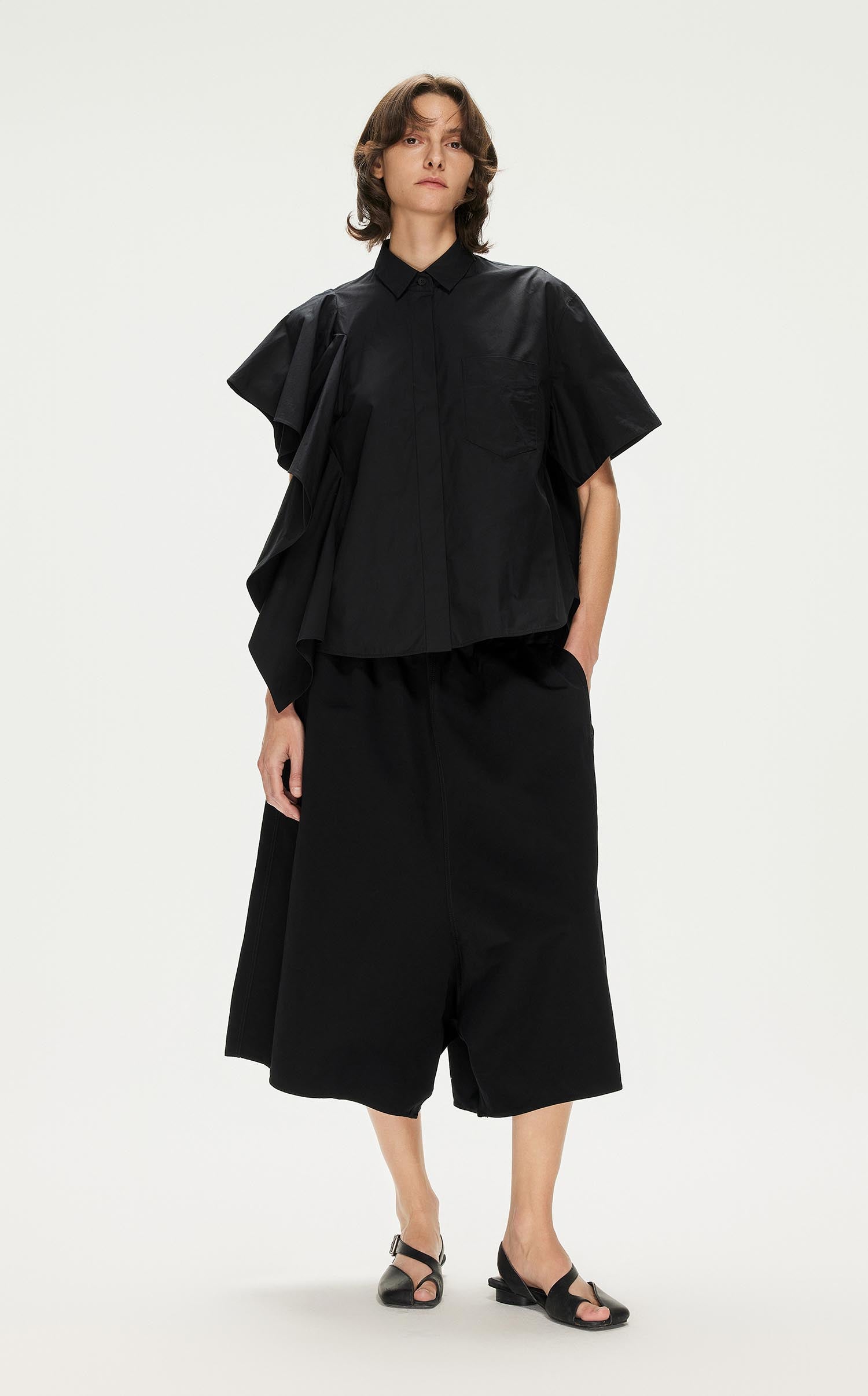 Shirt / JNBY Solid Asymmetric Short Sleeve Shirt (100% Cotton)