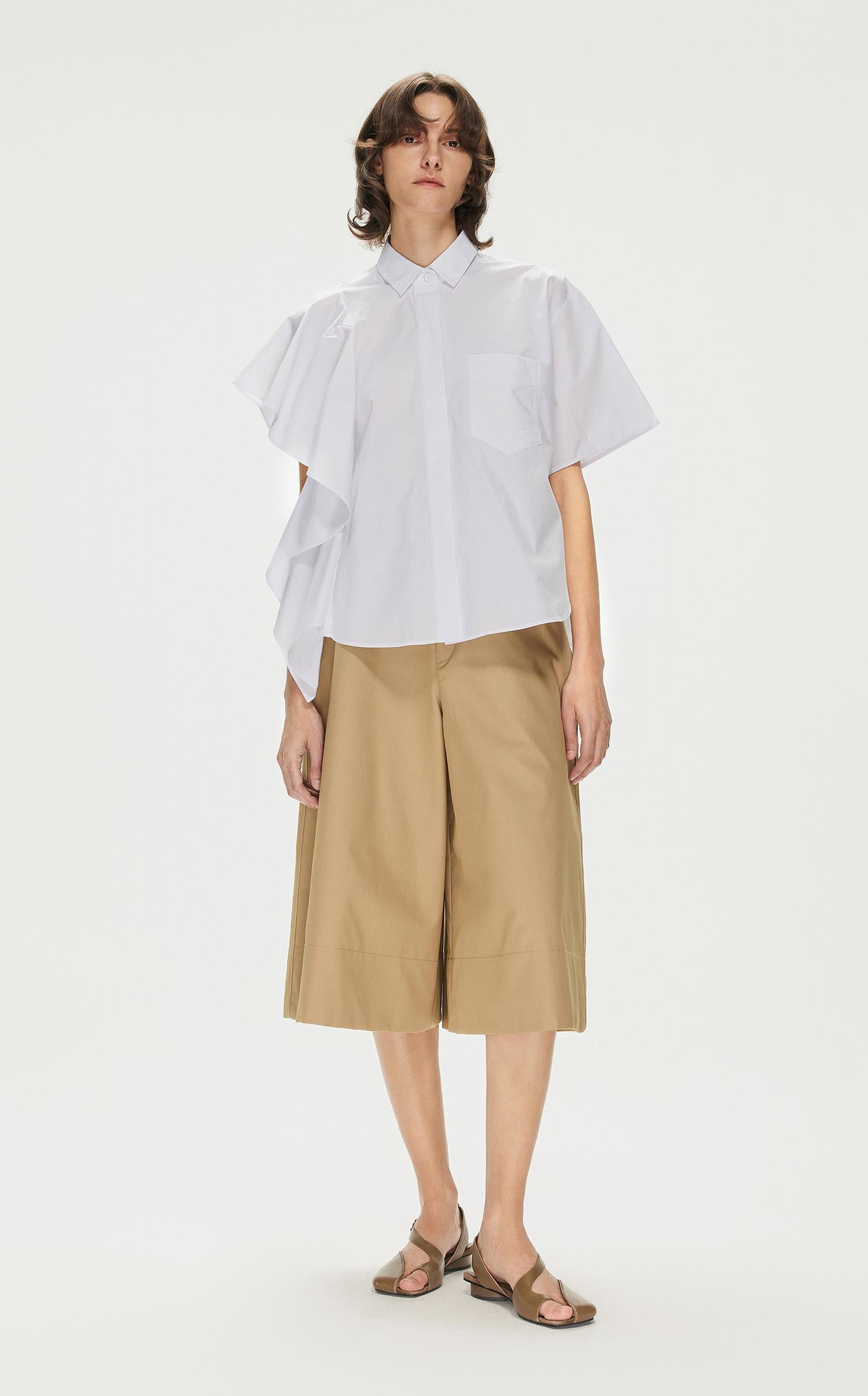 Shirt / JNBY Solid Asymmetric Short Sleeve Shirt (100% Cotton)