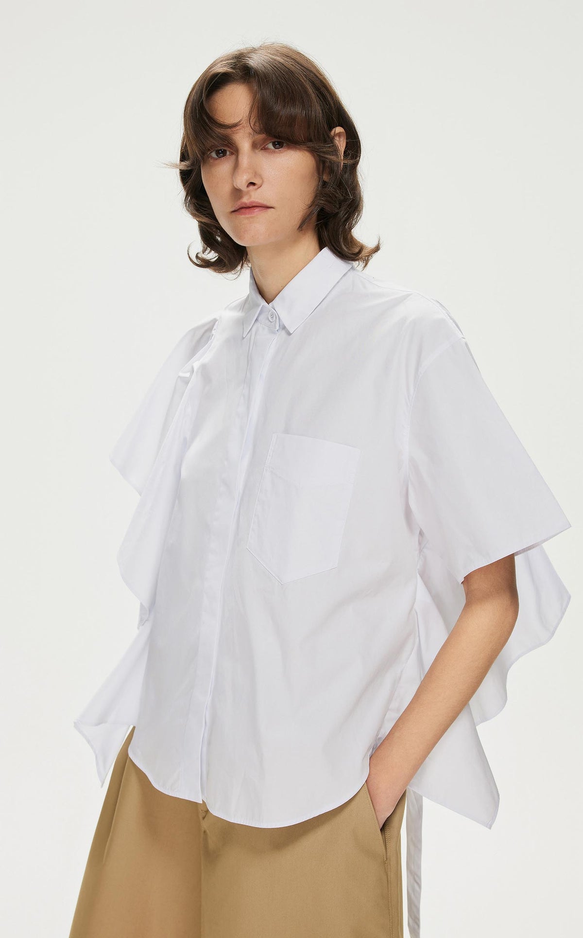 Shirt / JNBY Solid Asymmetric Short Sleeve Shirt (100% Cotton)