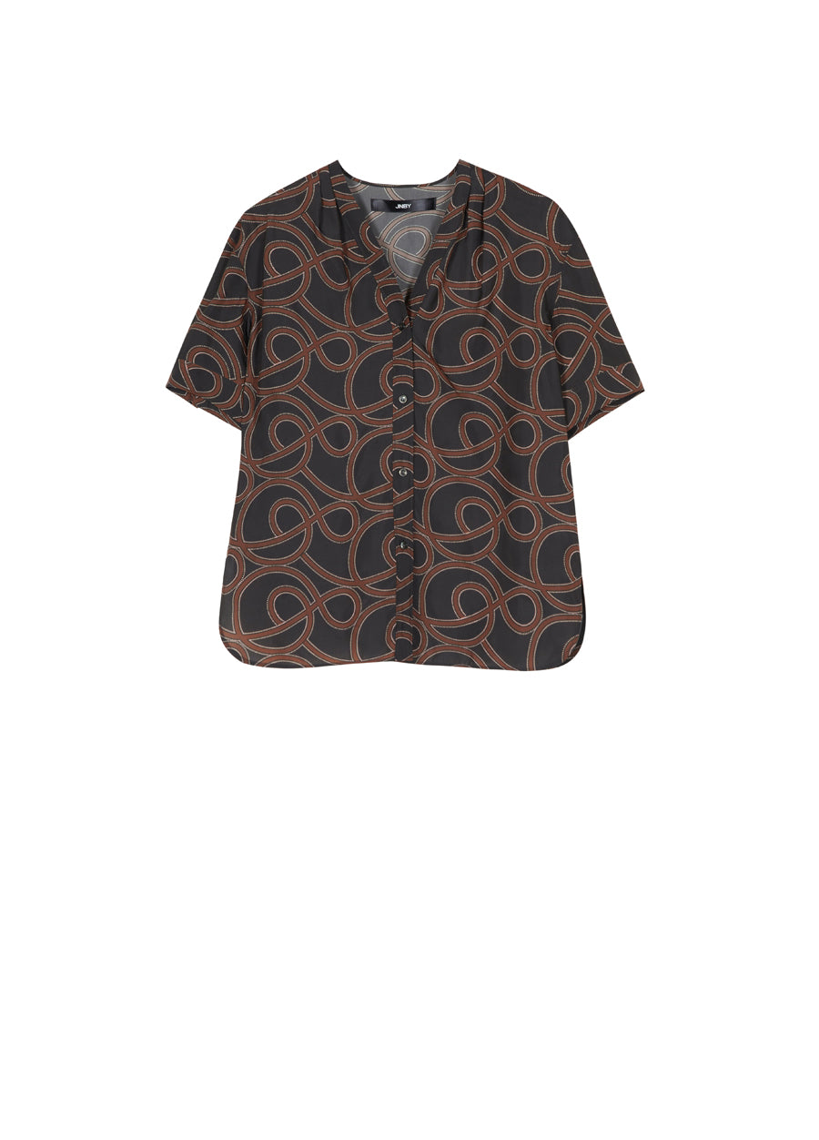 Shirt/JNBY Musical Note Print V-neck Colorblock Short-sleeved Shirt(40% mulberry silk )