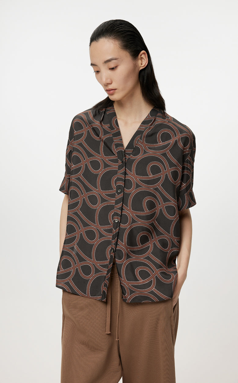 Shirt/JNBY Musical Note Print V-neck Colorblock Short-sleeved Shirt(40% mulberry silk )