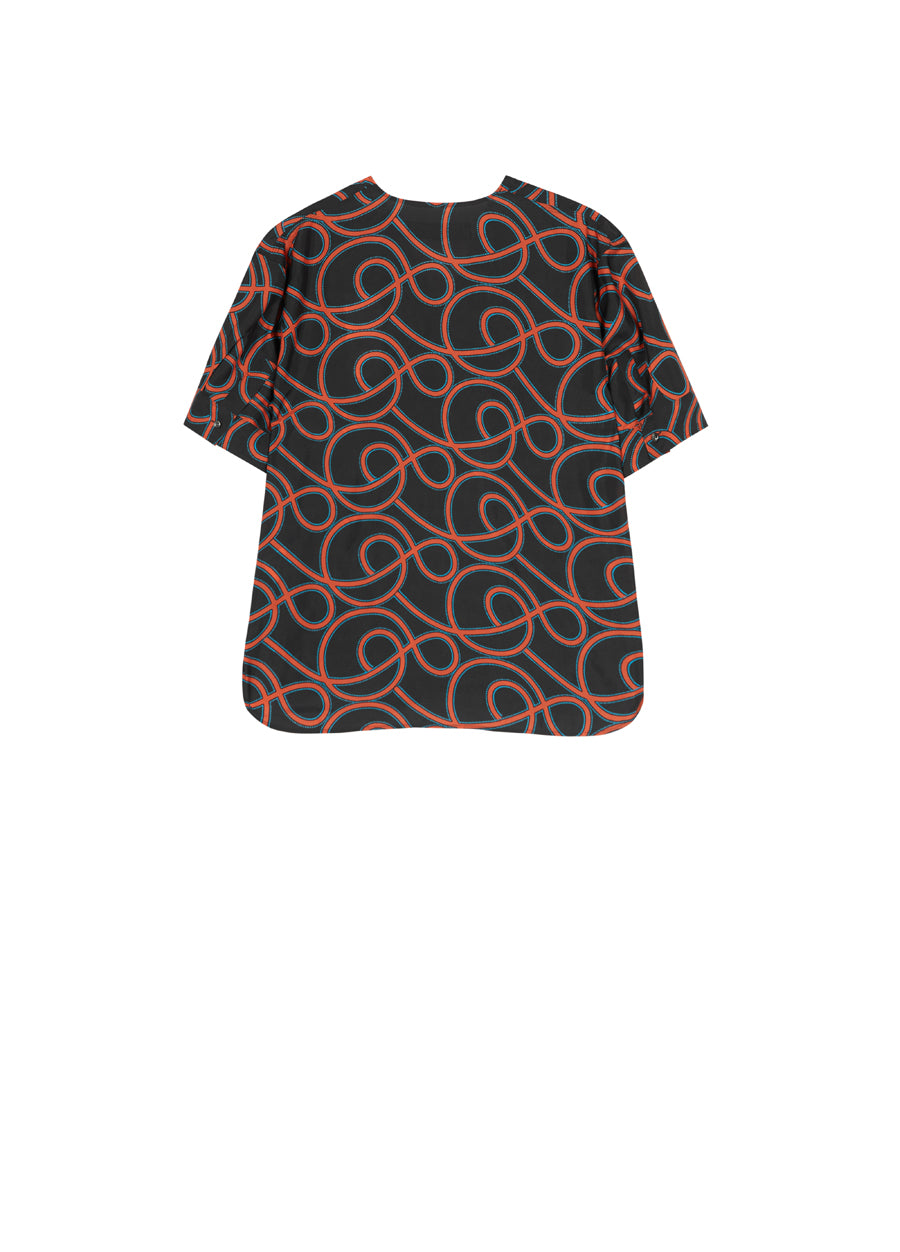 Shirt/JNBY Musical Note Print V-neck Colorblock Short-sleeved Shirt(40% mulberry silk )