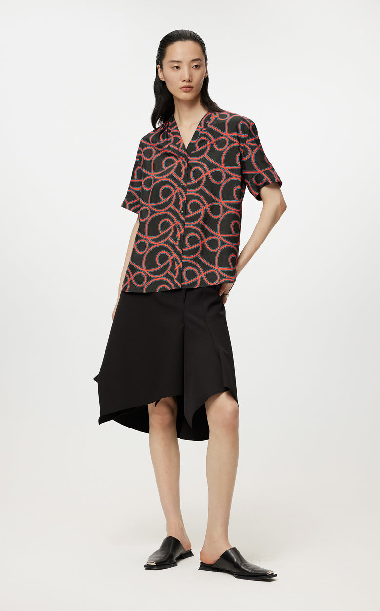 Shirt/JNBY Musical Note Print V-neck Colorblock Short-sleeved Shirt(40% mulberry silk )