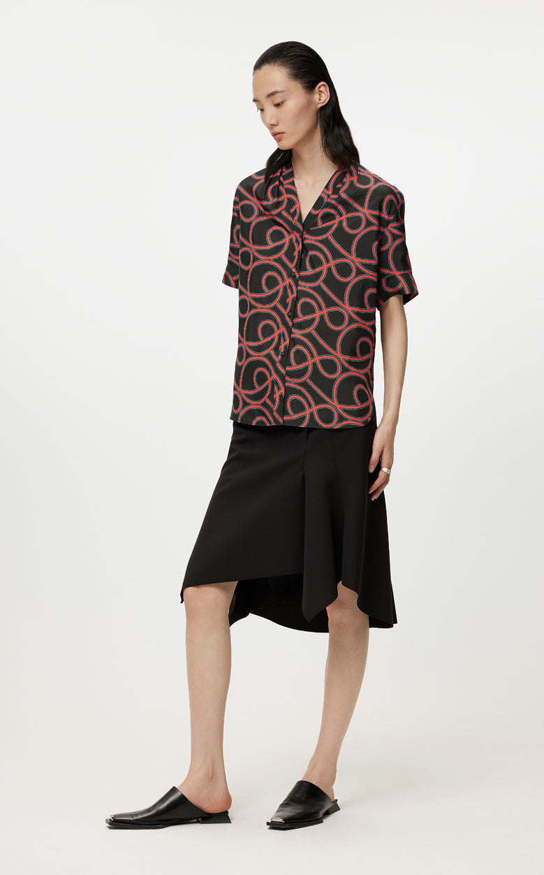 Shirt/JNBY Musical Note Print V-neck Colorblock Short-sleeved Shirt(40% mulberry silk )