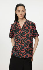 Shirt/JNBY Musical Note Print V-neck Colorblock Short-sleeved Shirt(40% mulberry silk )