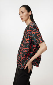 Shirt/JNBY Musical Note Print V-neck Colorblock Short-sleeved Shirt(40% mulberry silk )（Black Friday Flash Sale)