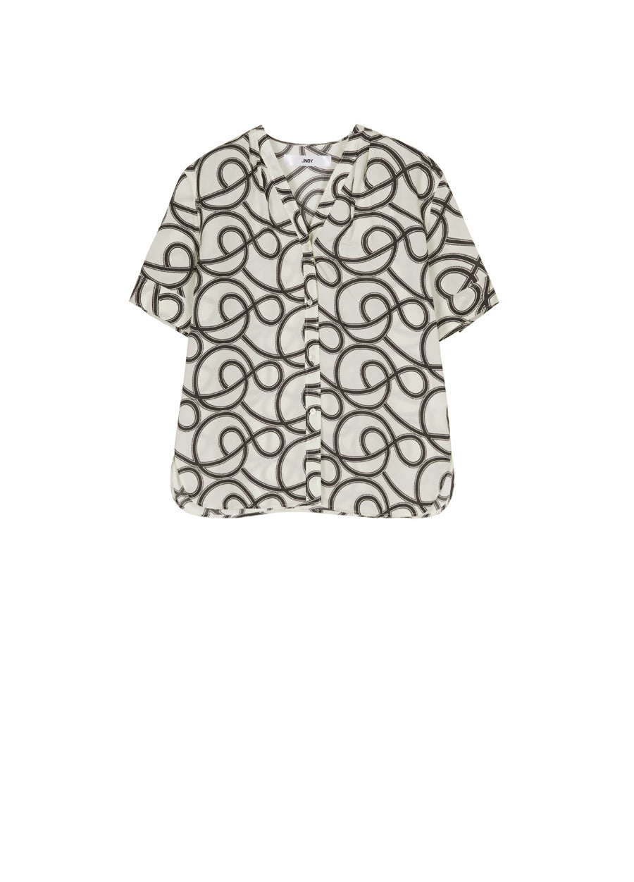 Shirt/JNBY Musical Note Print V-neck Colorblock Short-sleeved Shirt(40% mulberry silk )