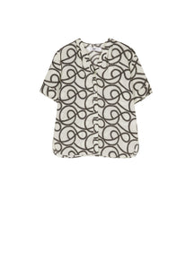 Shirt/JNBY Musical Note Print V-neck Colorblock Short-sleeved Shirt(40% mulberry silk )（Black Friday Flash Sale)