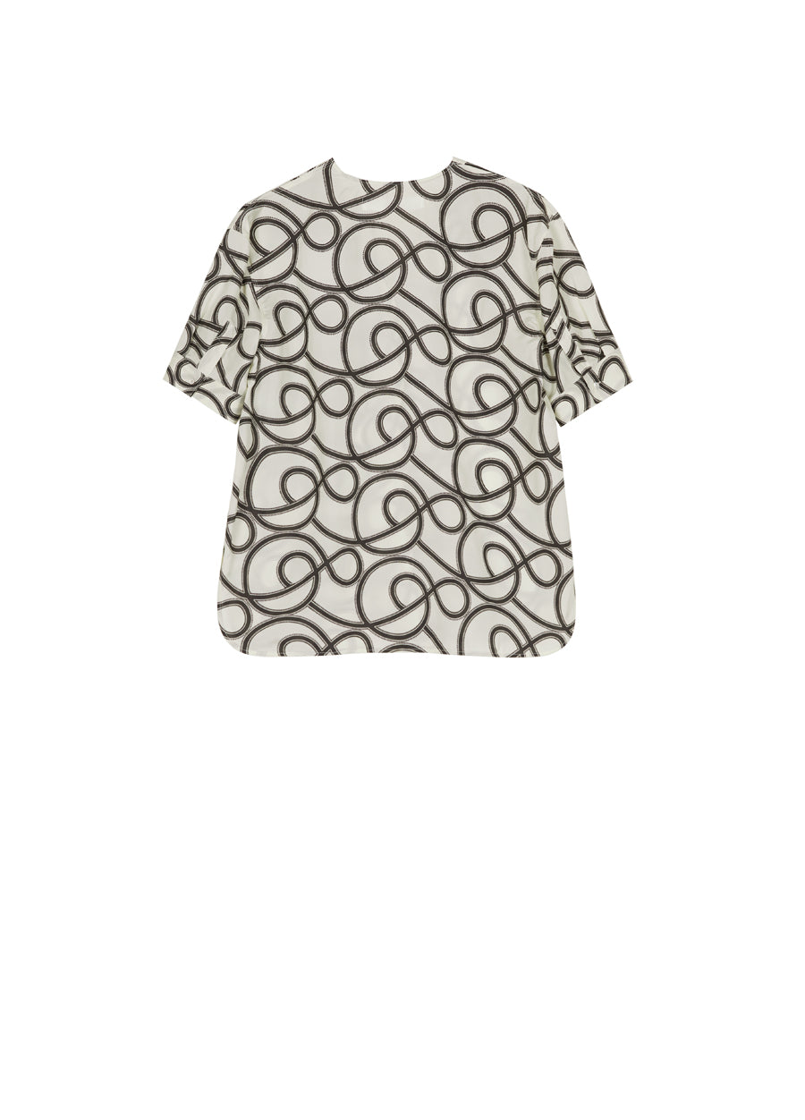 Shirt/JNBY Musical Note Print V-neck Colorblock Short-sleeved Shirt(40% mulberry silk )