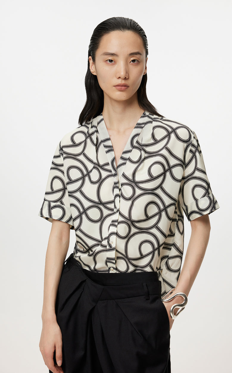 Shirt/JNBY Musical Note Print V-neck Colorblock Short-sleeved Shirt(40% mulberry silk )