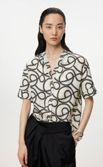 Shirt/JNBY Musical Note Print V-neck Colorblock Short-sleeved Shirt(40% mulberry silk )