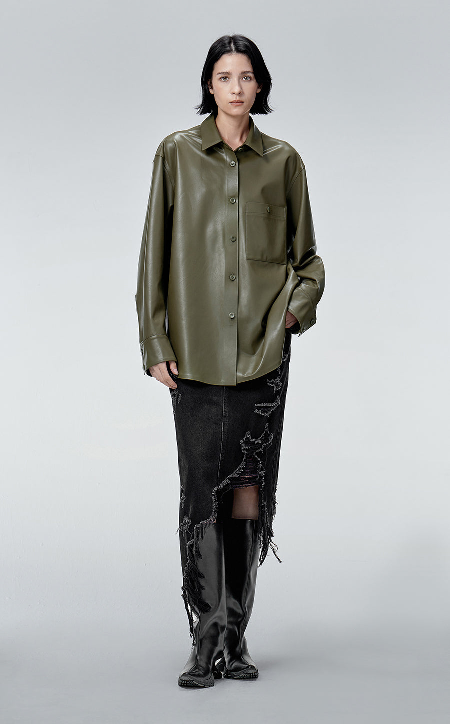 Coat / JNBY Faux Leather Coat in Shirt Style