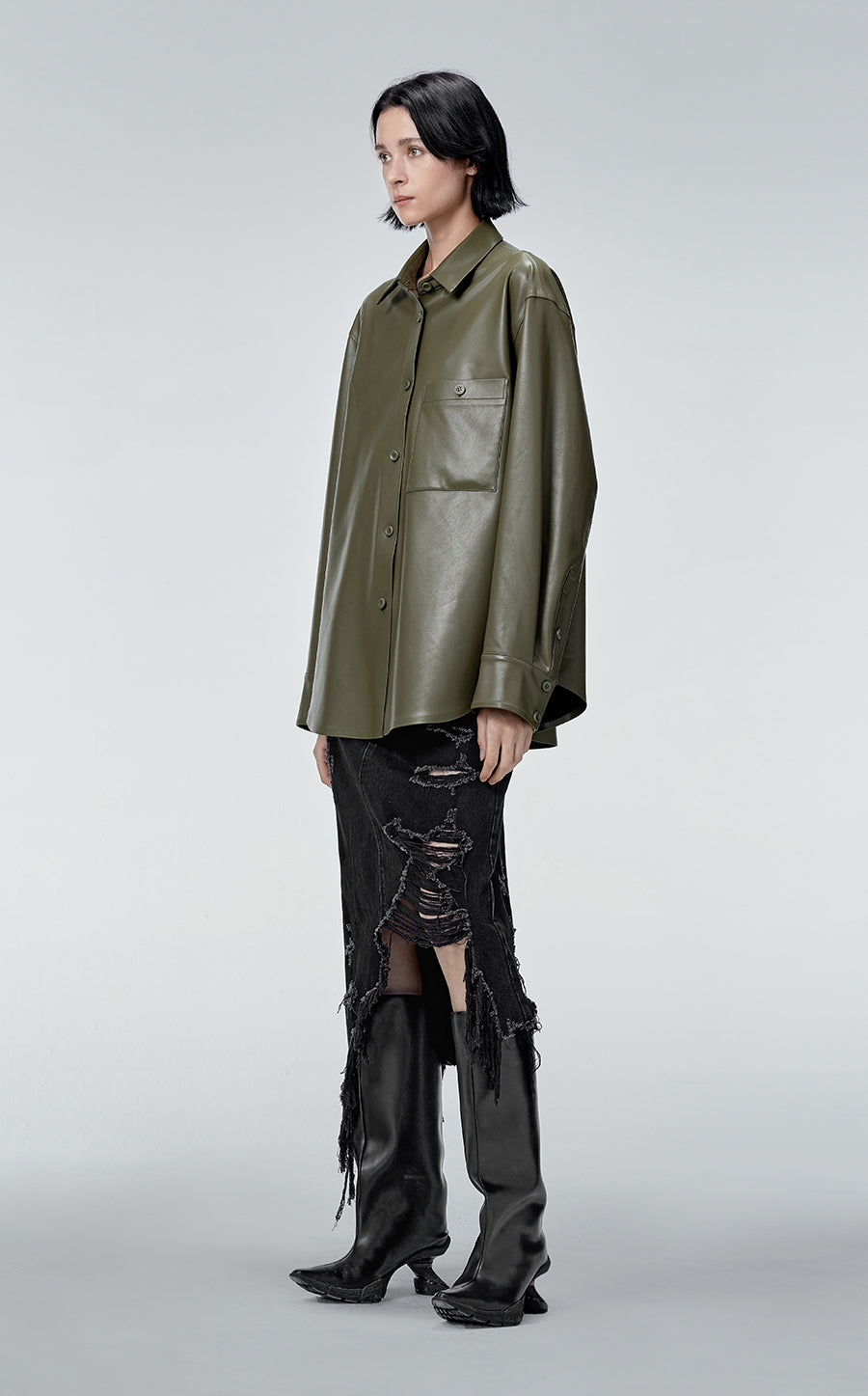 Coat / JNBY Faux Leather Coat in Shirt Style