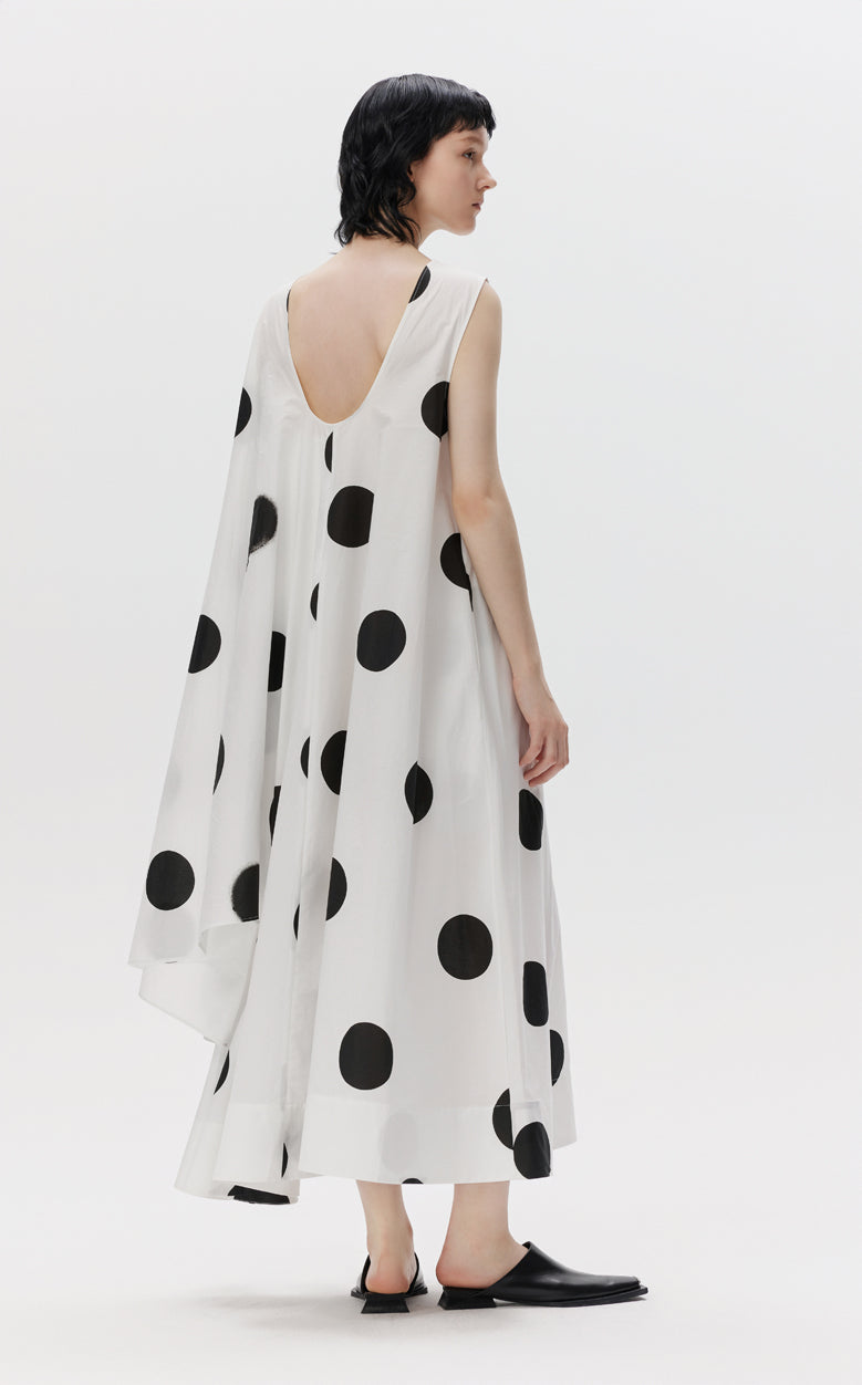 Dress / JNBY Round Neck Polka Dot Sleeveless V-neck Wavy Edge A-line Dress(100% cotton)