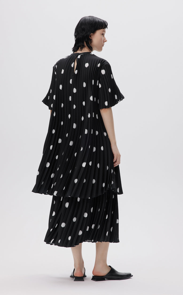 Dress / JNBY Vintage Polka Dot Print Pleated Round Neck Short Sleeve Dress