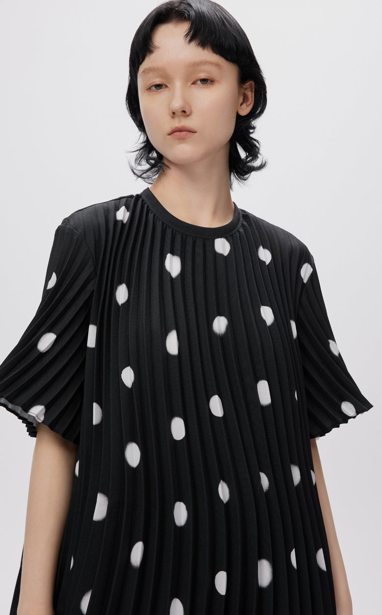 Dress / JNBY Vintage Polka Dot Print Pleated Round Neck Short Sleeve Dress