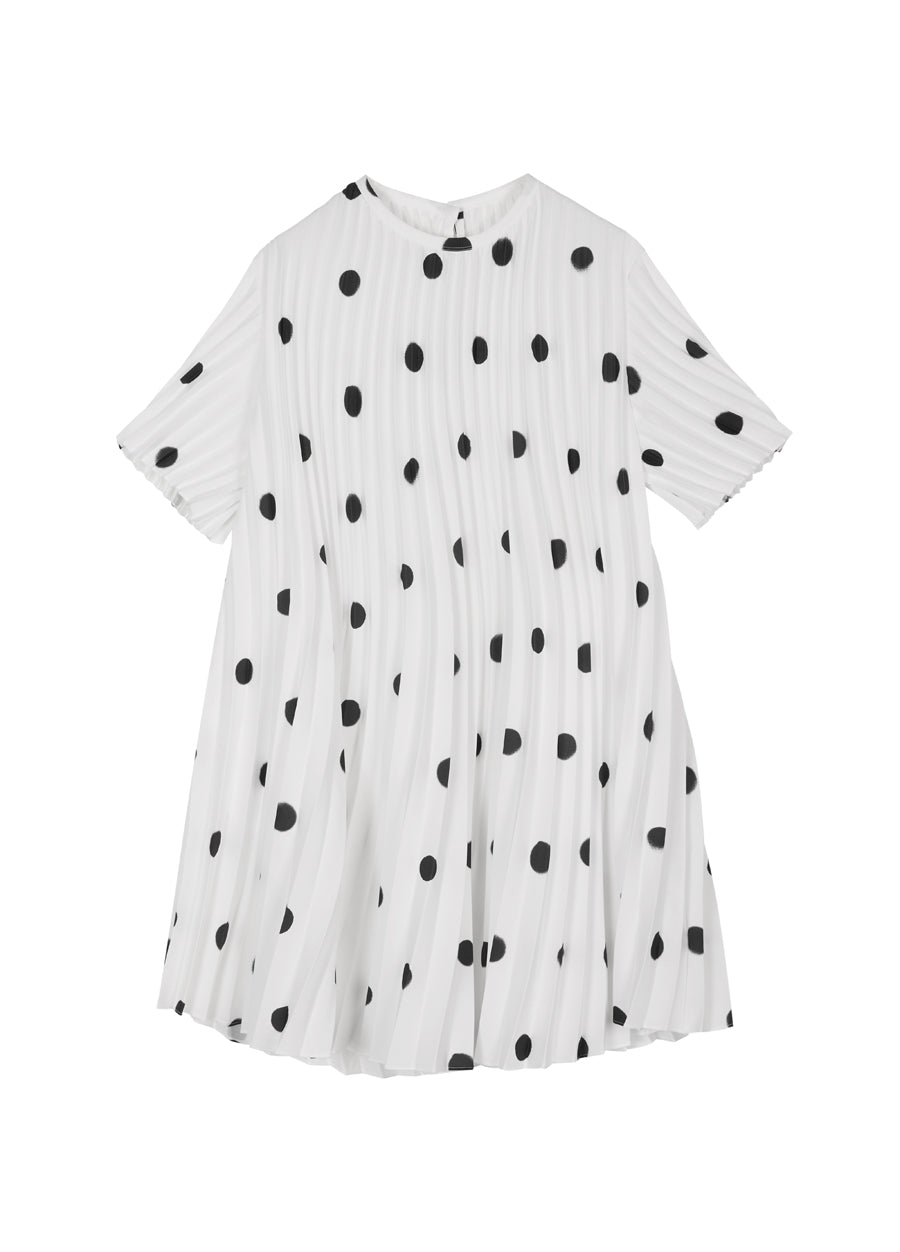 Dress / JNBY Vintage Polka Dot Print Pleated Round Neck Short Sleeve Dress