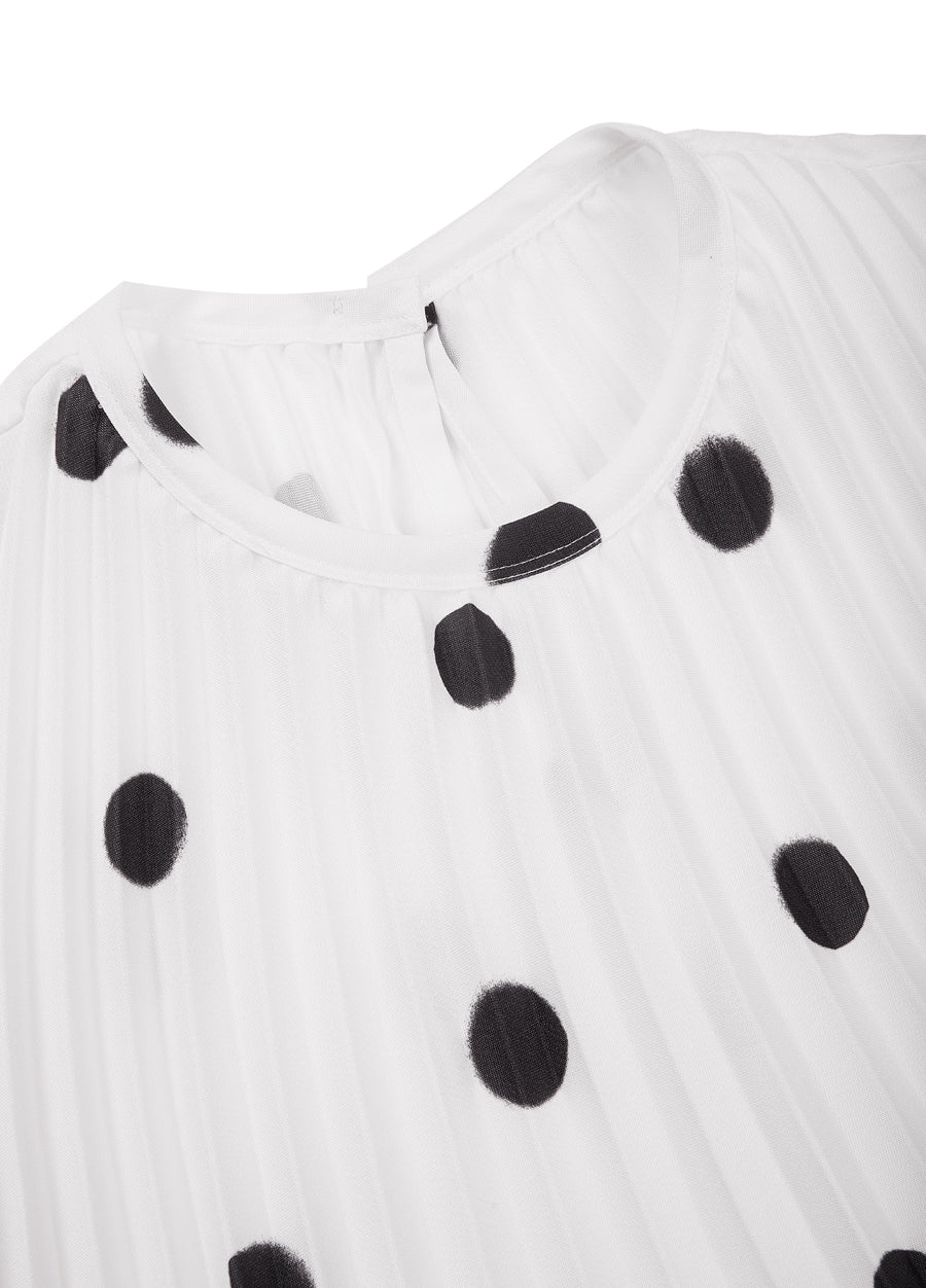 Dress / JNBY Vintage Polka Dot Print Pleated Round Neck Short Sleeve Dress