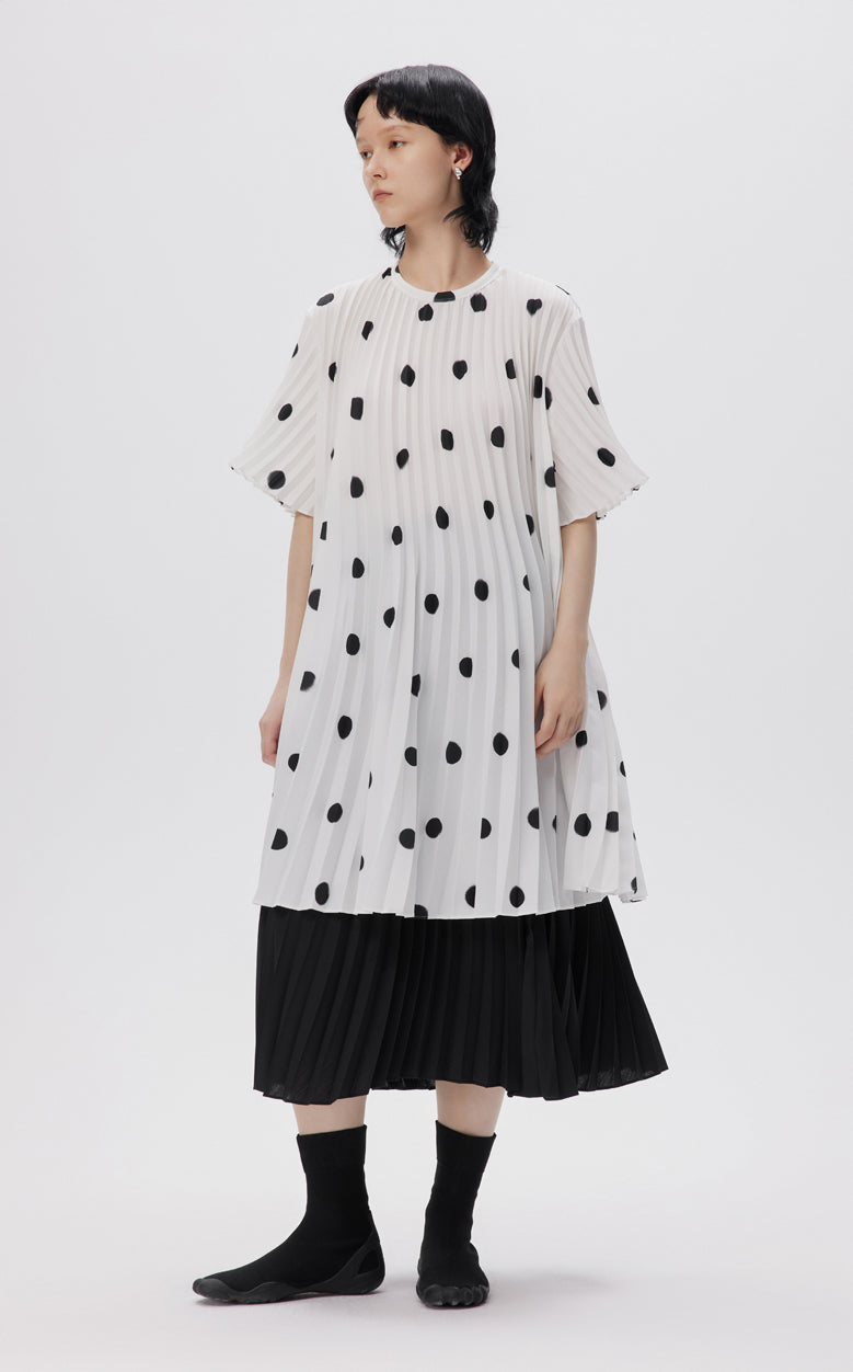 Dress / JNBY Vintage Polka Dot Print Pleated Round Neck Short Sleeve Dress