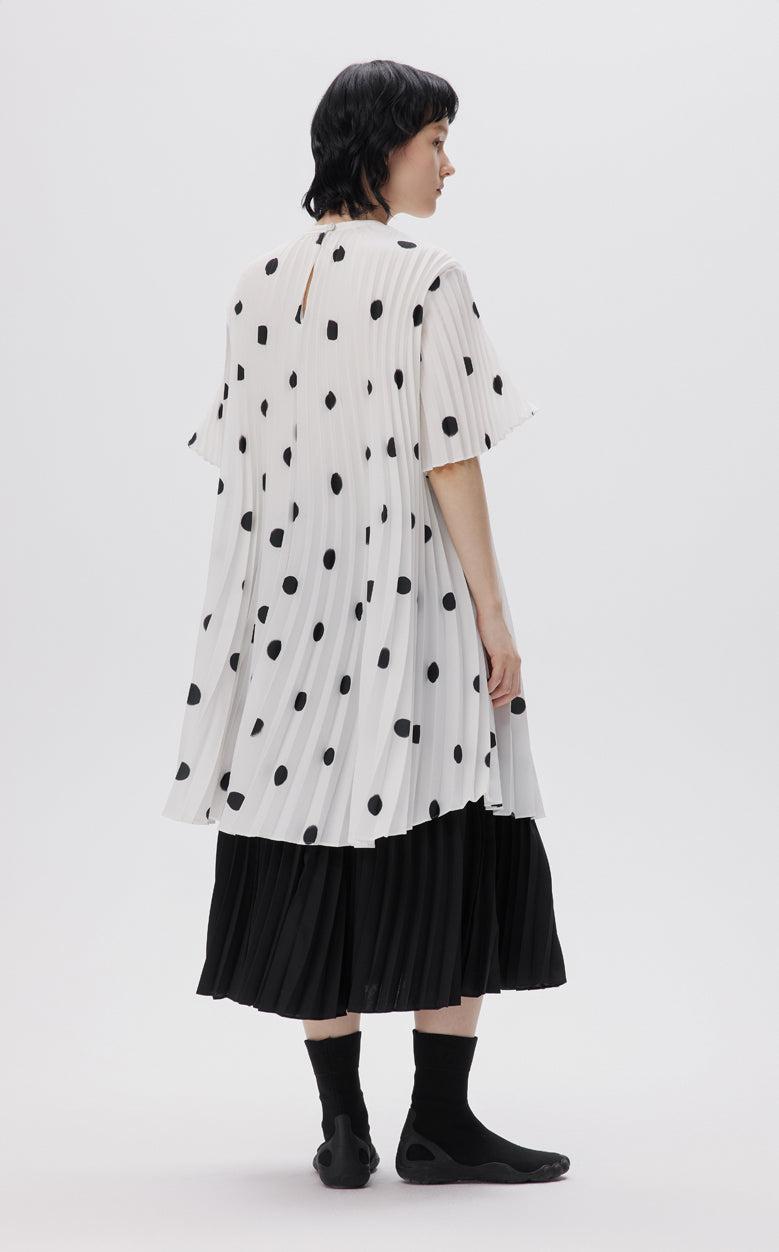 Dress / JNBY Vintage Polka Dot Print Pleated Round Neck Short Sleeve Dress