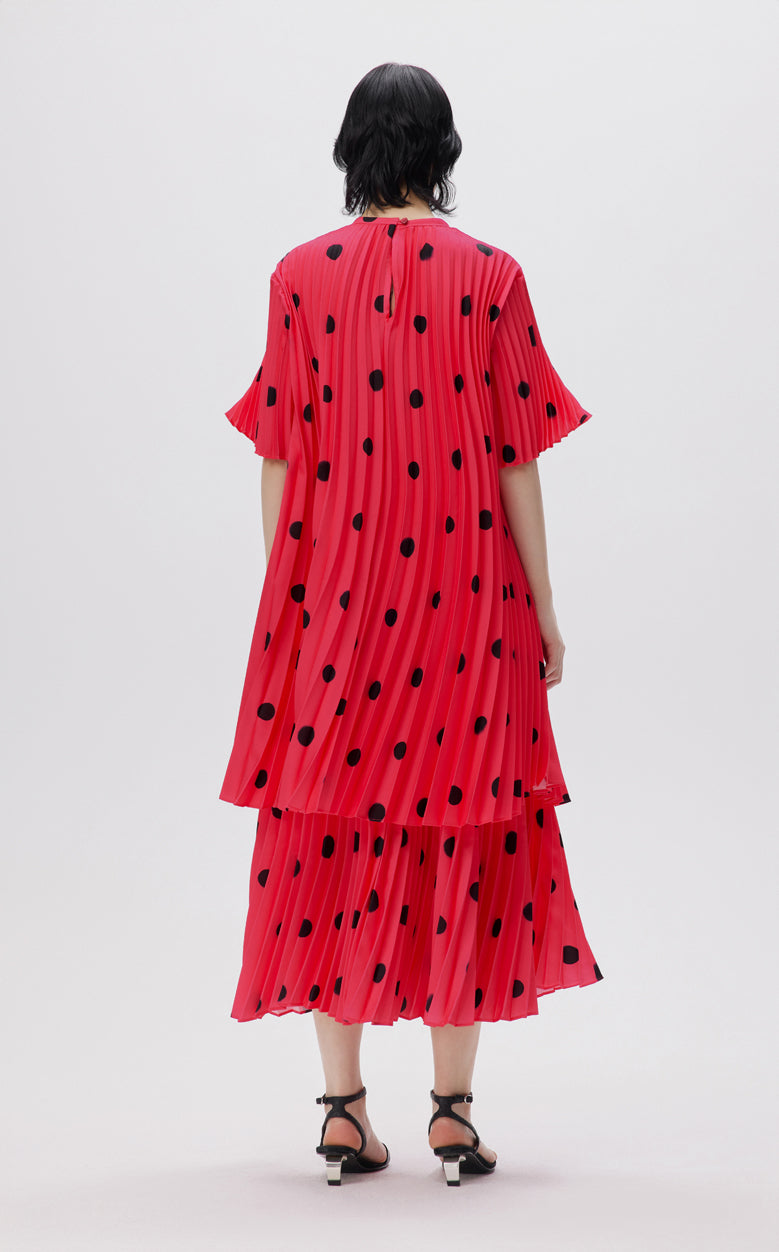 Dress / JNBY Vintage Polka Dot Print Pleated Round Neck Short Sleeve Dress