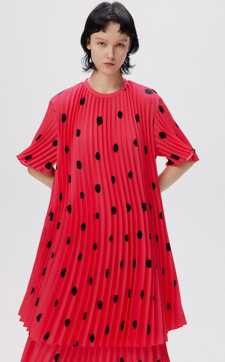 Dress / JNBY Vintage Polka Dot Print Pleated Round Neck Short Sleeve Dress