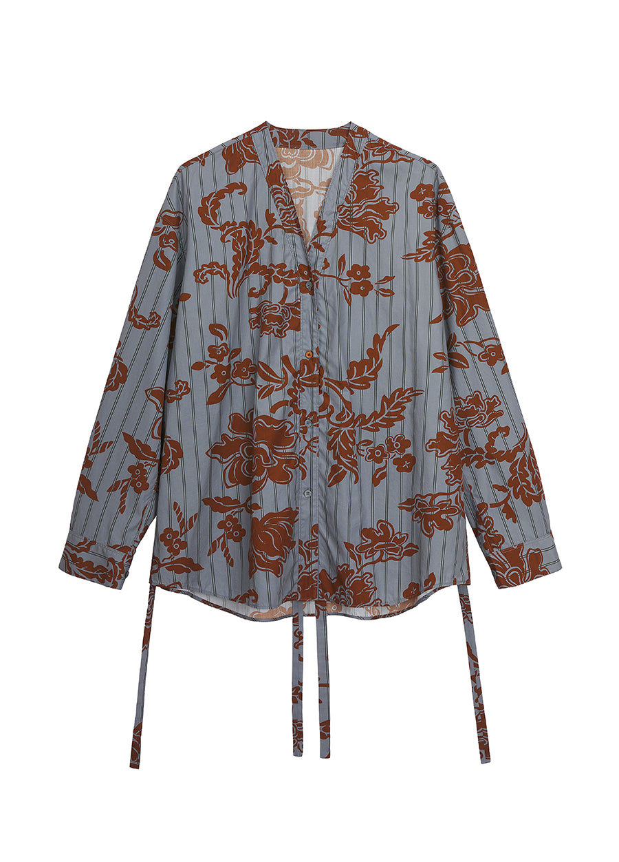 Shirt / JNBY Cotton Loose Fit V-neck Long-sleeved Print Shirt