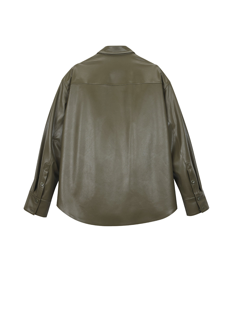 Coat / JNBY Faux Leather Coat in Shirt Style