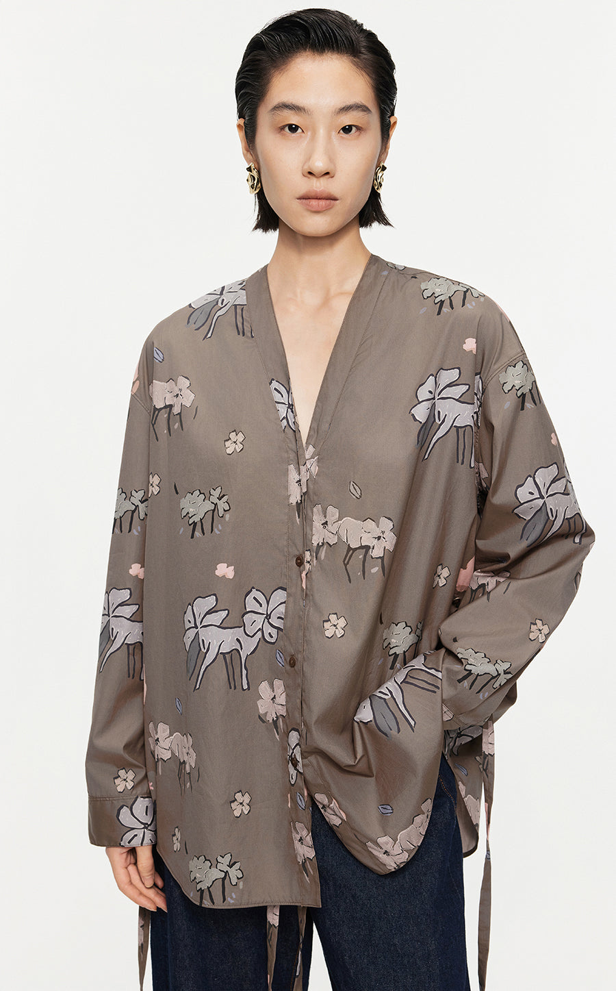 Shirt /JNBY V-neck Oversize Long-sleeved Shirt